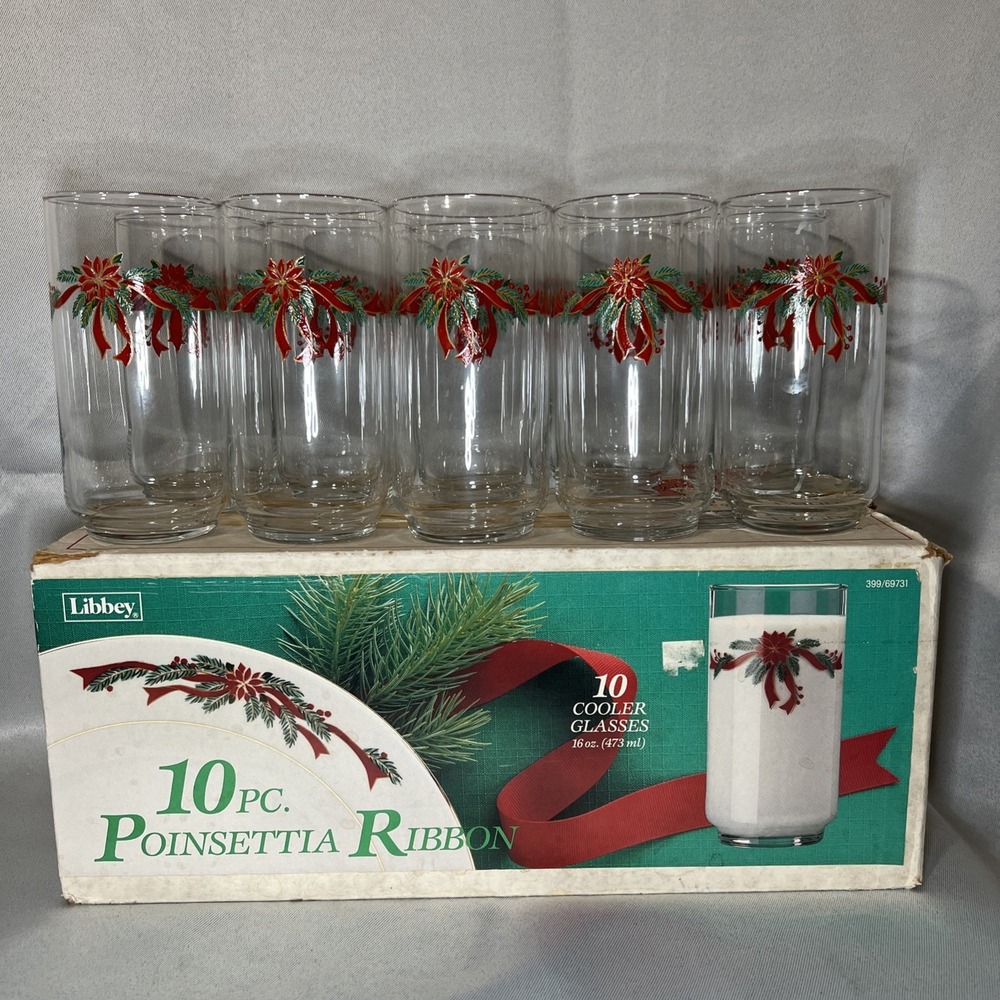Vintage Libbey Christmas Drinking Glasses Set Of 10 EUC‎ 16 oz Original Box